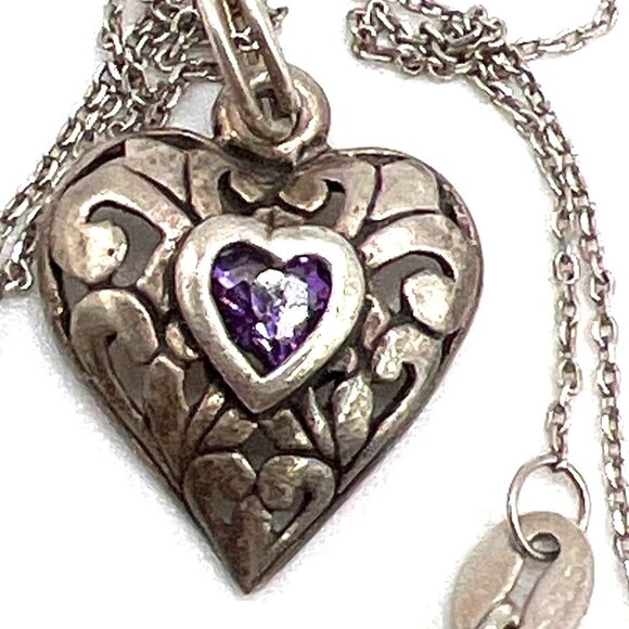 unknown Artisan Jewelry - Vintage Sterling Silver Heart Pendant Necklace Purple Stone & Intricate Design